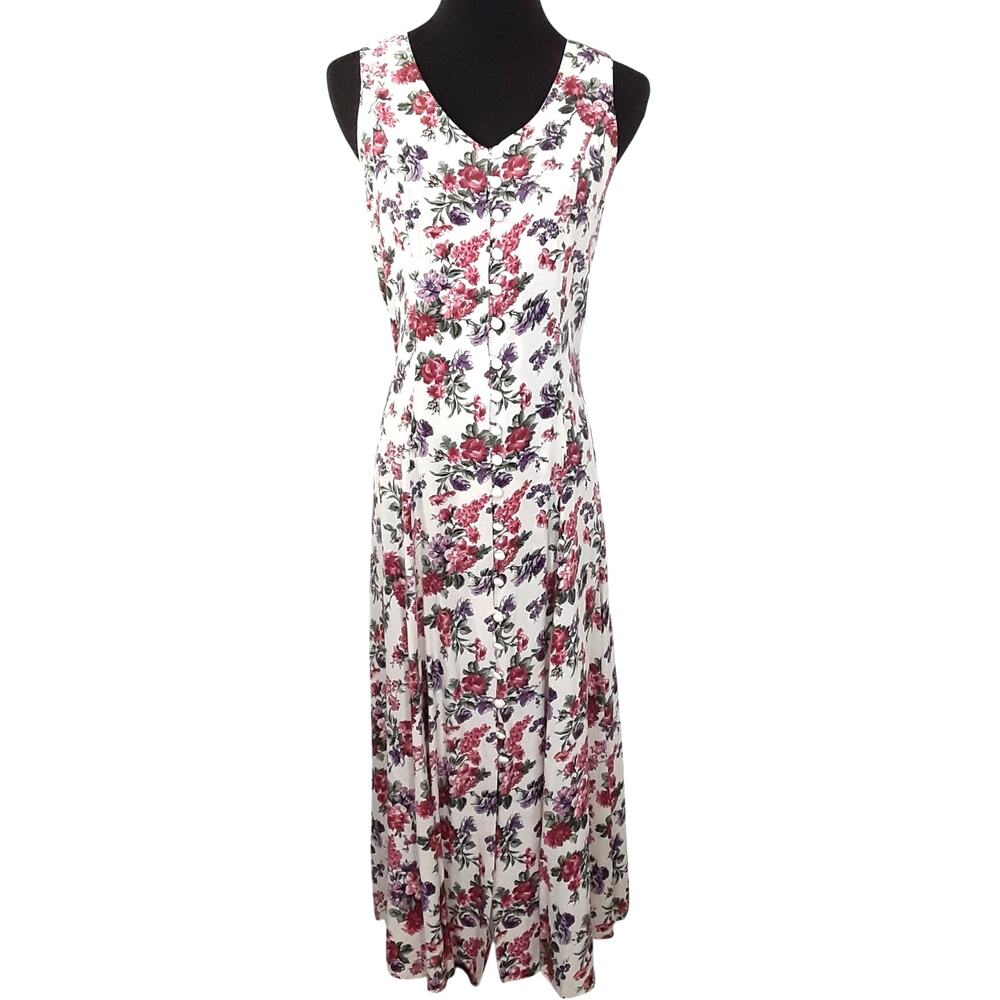 Vintage 90s Floral Maxi Dress Sleeveless Cottage Grandma Button Up Friends Pink